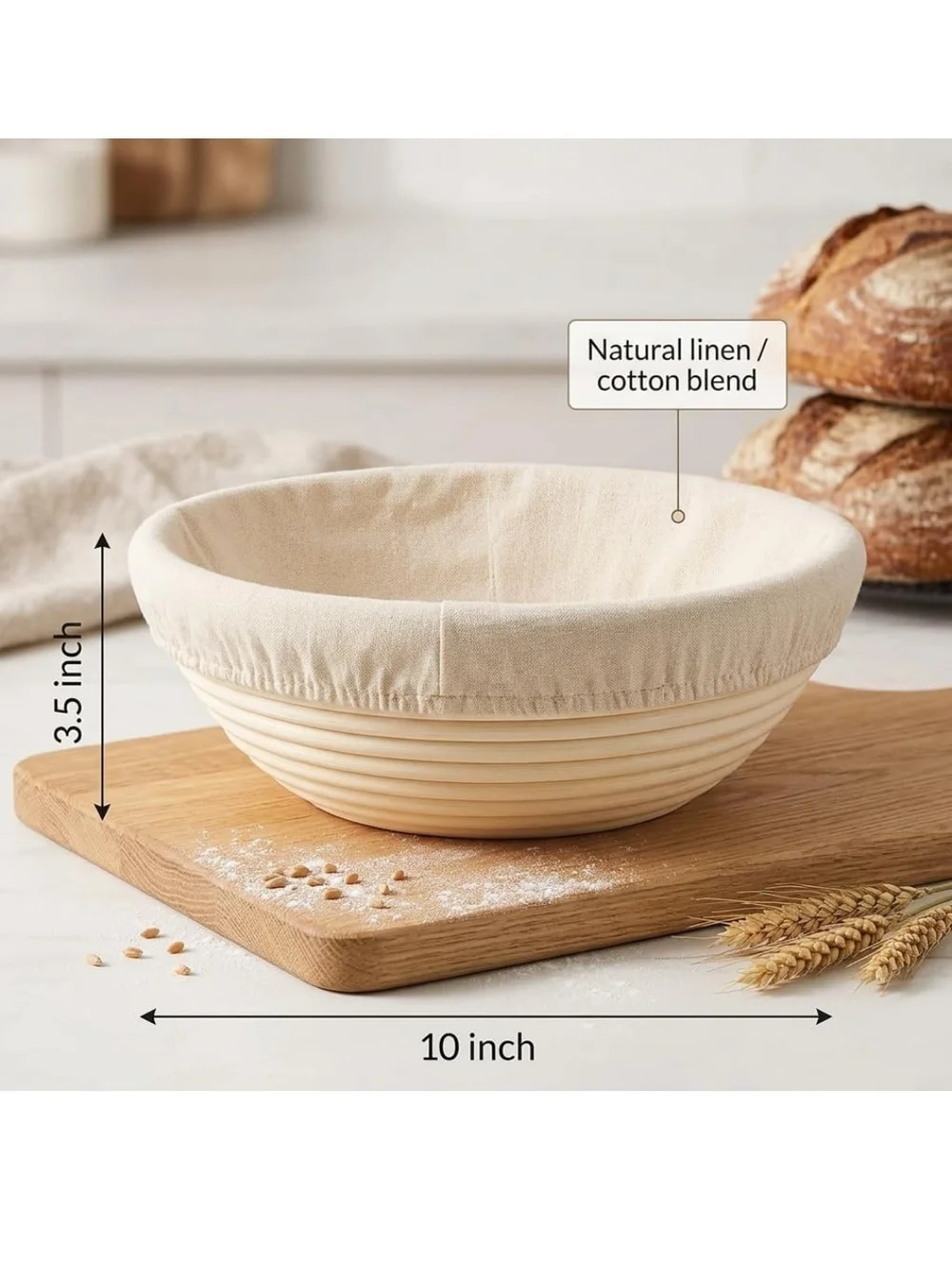 Natural Rattan Bread Proofing Baskets with Cotton Linen Liner 2 Pack New